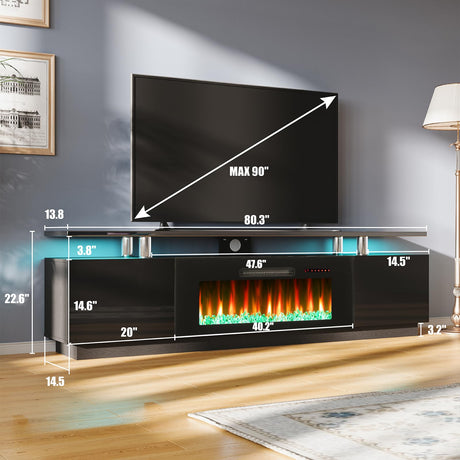 AMERLIFE Fireplace TV Stand with 40" Fireplace, 80" Modern High Gloss Fireplace Entertainment Center LED Lights, 2 Tier TV Console Cabinet for TVs Up to 90", Obsidian Black AMERLIFE