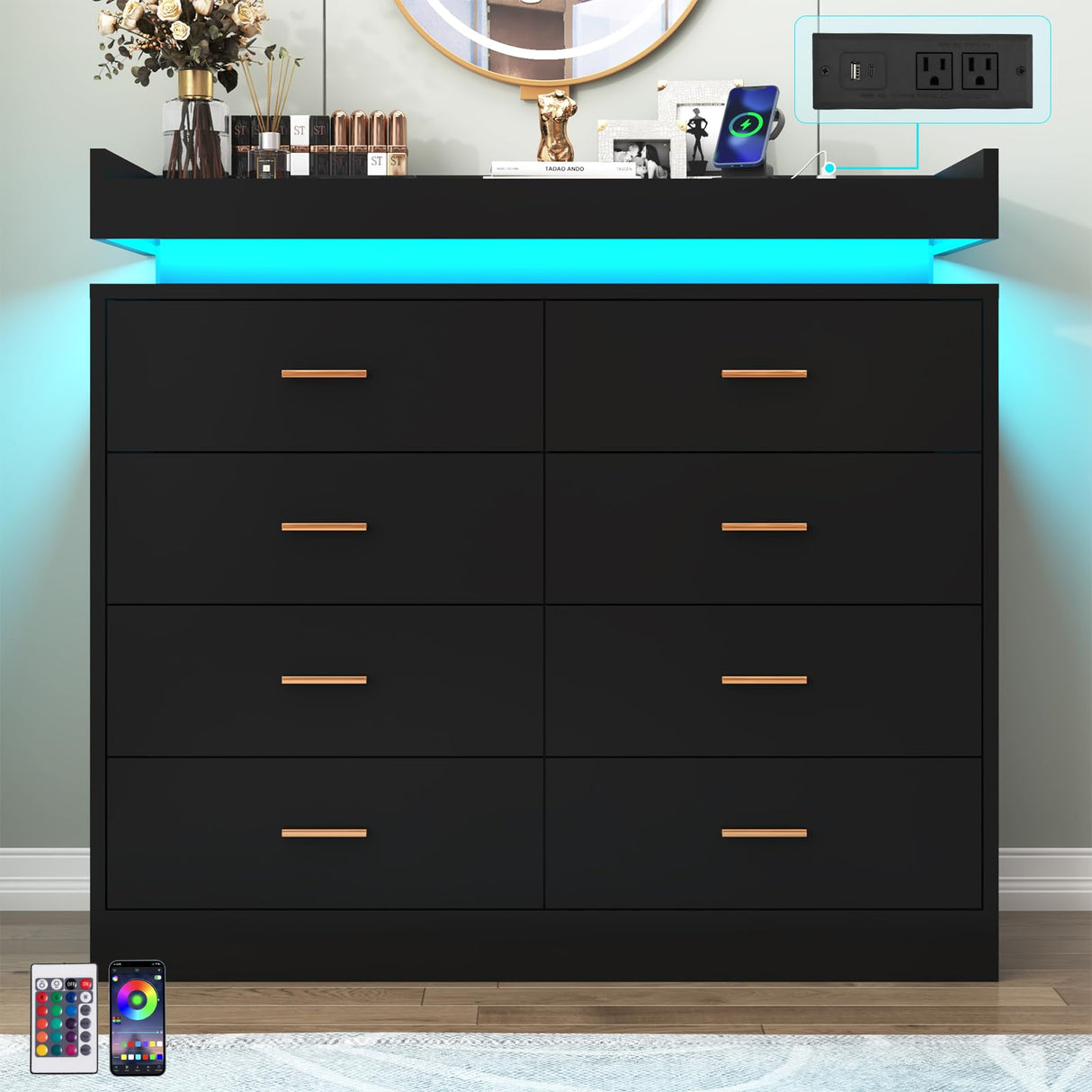 Hlivelood 8 Drawer Dresser with LED Light and Charging Station, Modern Chest of Drawers for Closet, Wide Drawer Organizer Cabinet for Bedroom, Living Room, Entryway, Hallway(Black) Hlivelood