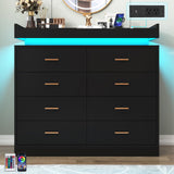 Hlivelood 8 Drawer Dresser with LED Light and Charging Station, Modern Chest of Drawers for Closet, Wide Drawer Organizer Cabinet for Bedroom, Living Room, Entryway, Hallway(Black) Hlivelood