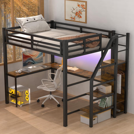 Full Size Loft Bed with L-Shaped Desk, LED Light, and Wardrobe, Heavy Duty Metal Loft Bed with Storage Shelves and USB Charging Station Safety Guard & Ladder for Kids, Teens, and Adults Feetice