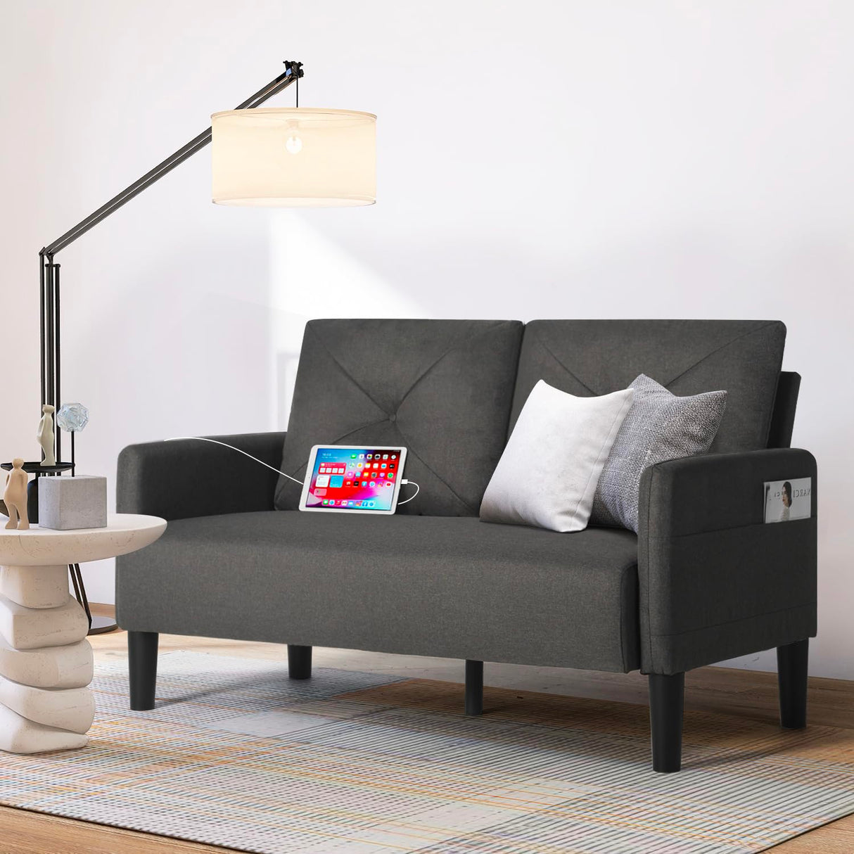 CHYMSUN 56" W Loveseat Sofa, Mid Century Modern Sofa Couch w/ 2 USB & Side Pocket, Small Love Seat Sofas for Living Room, Tufted Couches for Small Spaces, Bedroom, Office, Apartment (1, Dark Grey) CHYMSUN