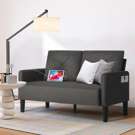 CHYMSUN 56" W Loveseat Sofa, Mid Century Modern Sofa Couch w/ 2 USB & Side Pocket, Small Love Seat Sofas for Living Room, Tufted Couches for Small Spaces, Bedroom, Office, Apartment (1, Dark Grey) CHYMSUN