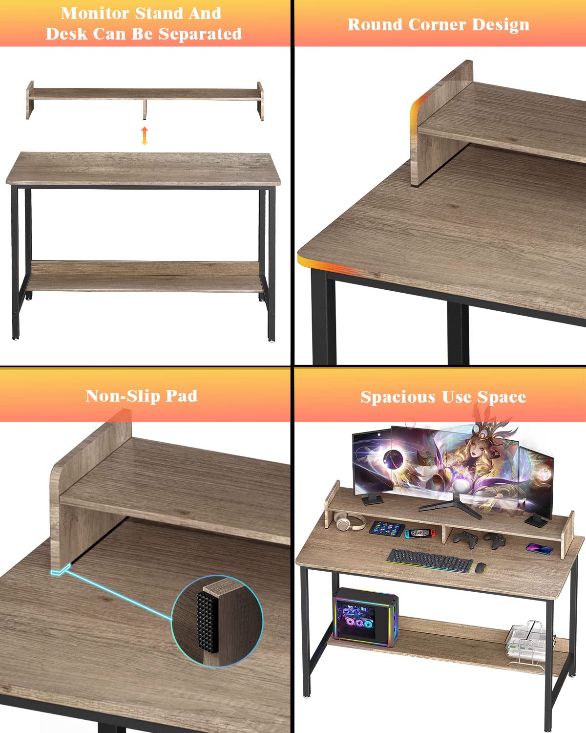 WOODYNLUX Computer Desk for Home-Office with Storage-Shelves - Modern Simple Style Metal Frame Laptop Notebook PC Study Writing Student Makeup Table Desk with Monitor Stand Footrest, Easy to Assemble.