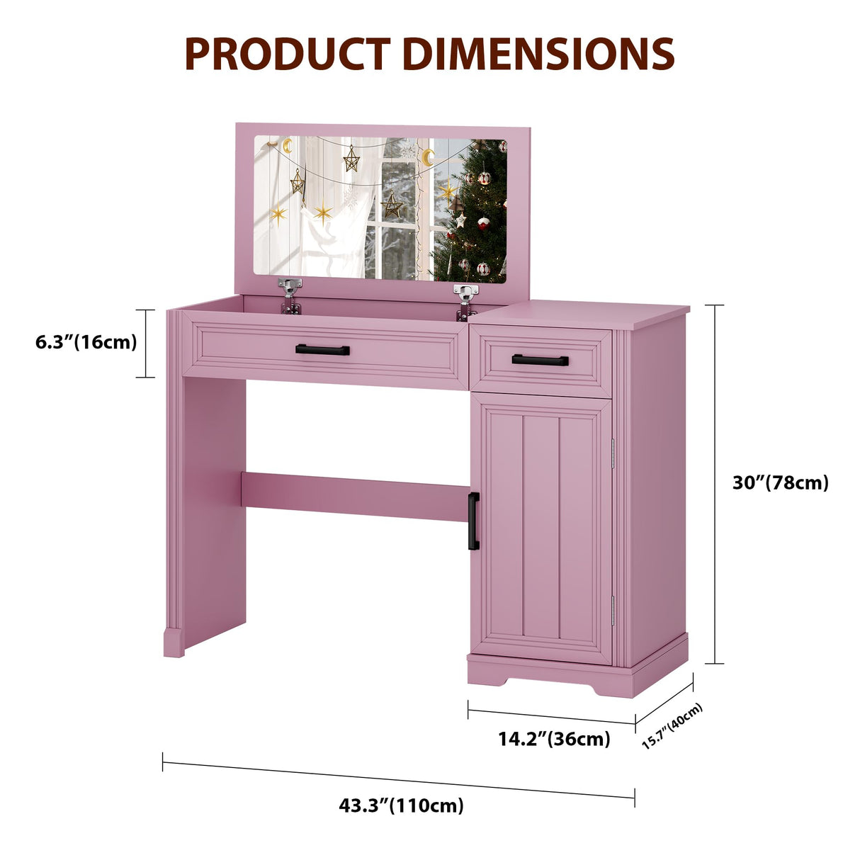 FOMNEY Farmhouse Vanity Desk with Flip Top Mirror, 43.3" W Makeup Vanity with Drawers, Storage Cabinet, Dressing Make Up Vanity Table for Bedroom, Wood Home Office Desk, Pink FOMNEY
