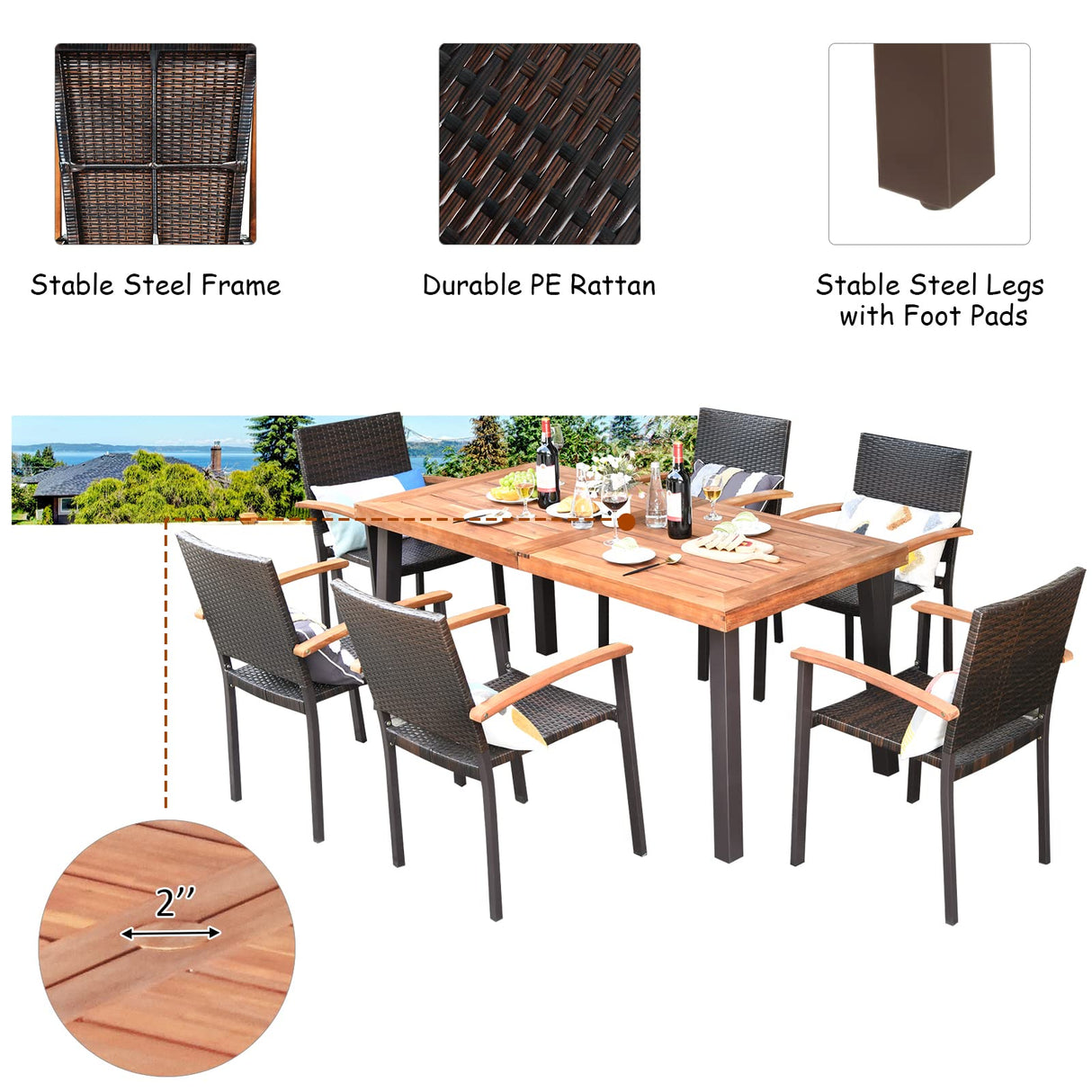 Tangkula 7-Piece Wicker Patio Dining Set, Patiojoy Outdoor Rattan Garden Yard Furniture Set, Acacia Wood Tabletop Dining Table with Umbrella Hole & 6 Stackable Rattan Chairs Set Tangkula