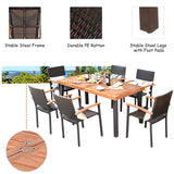 Tangkula 7-Piece Wicker Patio Dining Set, Patiojoy Outdoor Rattan Garden Yard Furniture Set, Acacia Wood Tabletop Dining Table with Umbrella Hole & 6 Stackable Rattan Chairs Set Tangkula