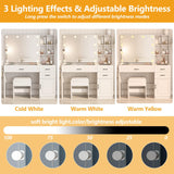 Fameill Vanity Desk with Lighted Mirror & Power Strip,Large Vanity Table with Glass top and Lots Storage,3 Drawer Makeup Desk with Hair Dryer Stand,3 Lighting Modes,White Fameill