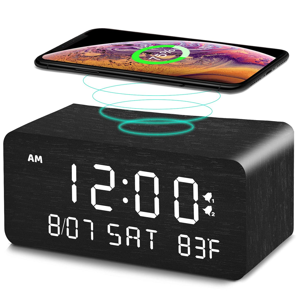 Andoolex Wooden Digital Alarm Clock with Wireless Charging, 0-100% Adjustable Brightness Dimmer and Alarm Volume, Weekday/Weekend Mode, Dual Alarm, Snooze, 12/24H, Wood LED Clock for Bedroom (Black) Andoolex