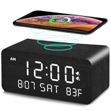Andoolex Wooden Digital Alarm Clock with Wireless Charging, 0-100% Adjustable Brightness Dimmer and Alarm Volume, Weekday/Weekend Mode, Dual Alarm, Snooze, 12/24H, Wood LED Clock for Bedroom (Black) Andoolex