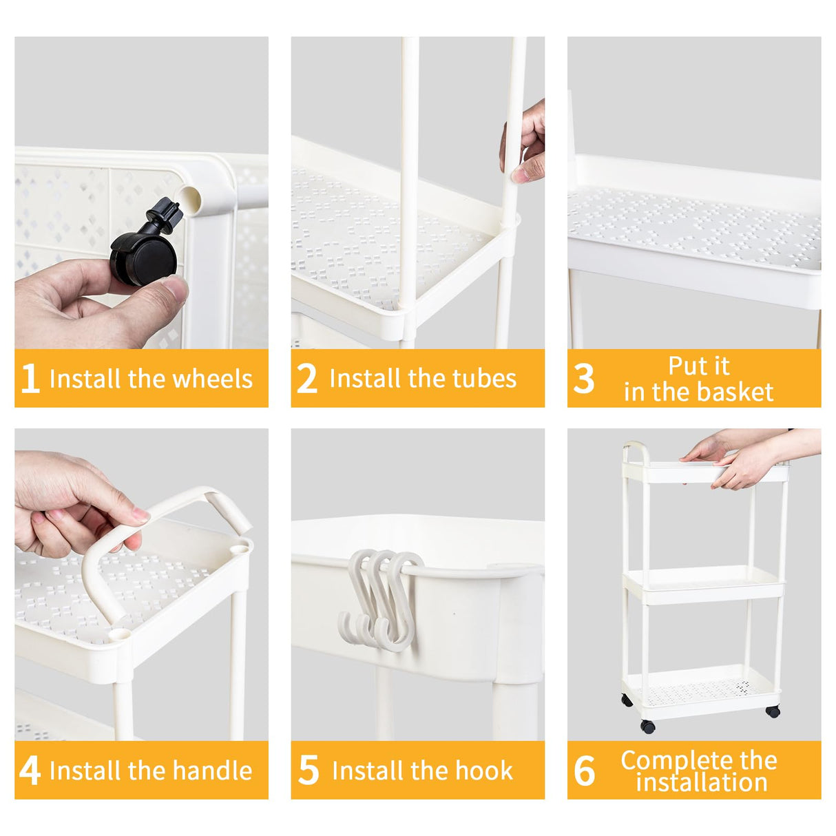 FrutPunch 3 Tier Rolling Cart, Rolling Storage Cart on Wheels, 360° Mobile Utility Cart, Rolling Storage Cart with Four Hooks Suitable, for Bathroom Living Room Kitchen and Office Scenes FrutPunch