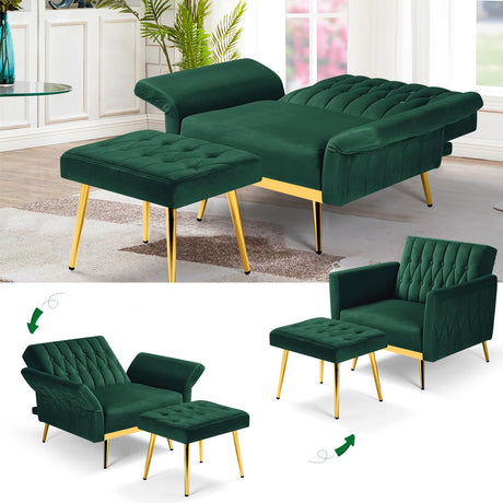 ACMEASE Velvet Accent Chair with Adjustable Armrests and Backrest, Button Tufted Lounge Chair, Single Recliner Armchair with Ottoman and Pillow for Living Room, Bedroom, Green ACMEASE