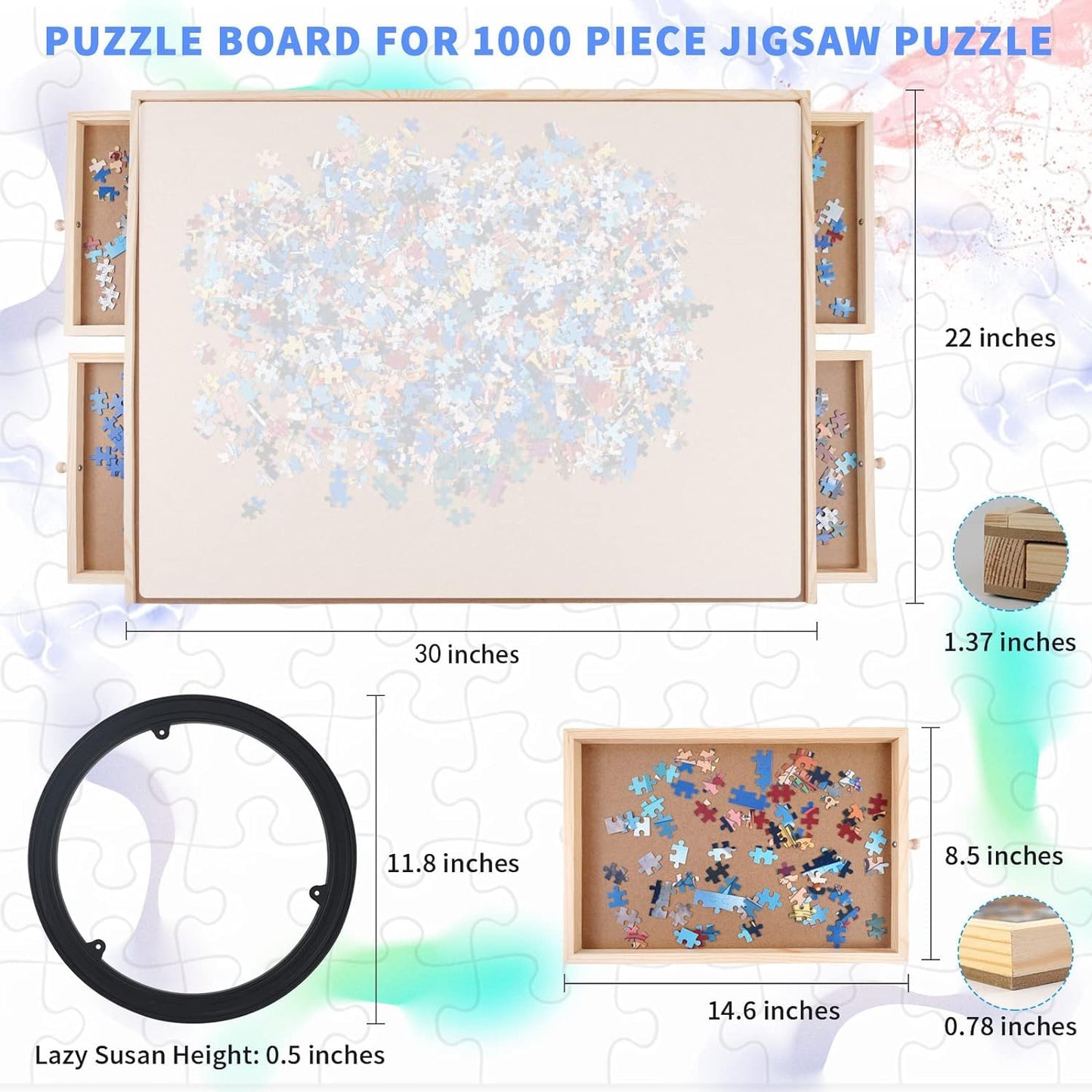 WOOD CITY Puzzle Board, 1000 Piece Wooden Jigsaw Puzzle Board with Drawers, 30” x 22” Portable Puzzle Table with Covers and Lazy Susan, Rotating Jigsaw Puzzle Table for Kids and Adults - WoodArtSupply