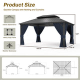 Gotland 2024 New 12' x 16' Hardtop Gazebo, Outdoor Iron Metal Double Roof Pergola with Curtains and Netting for Patio, Garden, Lawn, Navy Gotland
