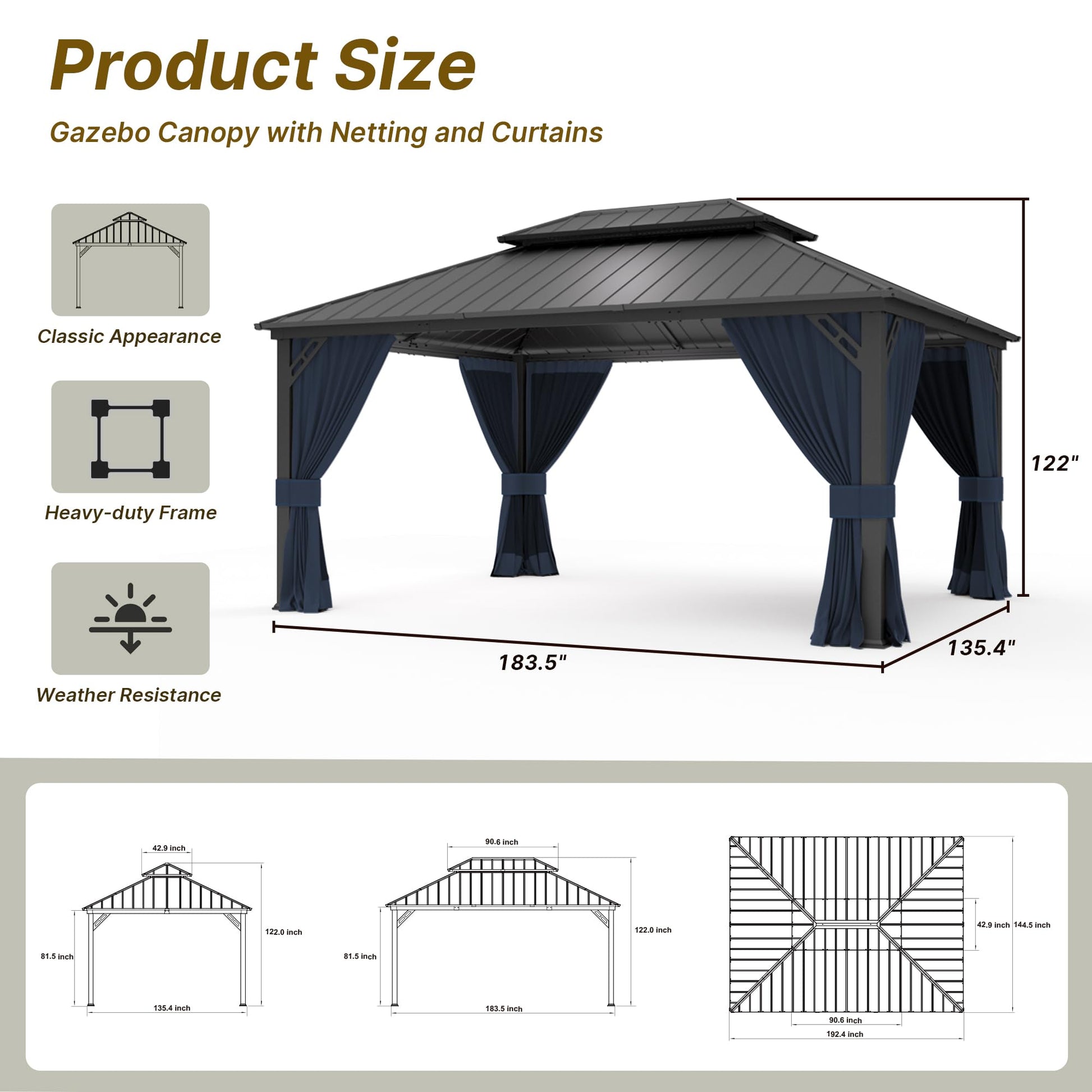 Gotland 2024 New 12' x 16' Hardtop Gazebo, Outdoor Iron Metal Double Roof Pergola with Curtains and Netting for Patio, Garden, Lawn, Navy - WoodArtSupply