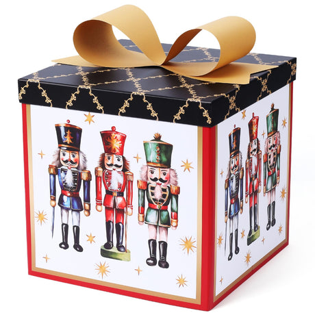 LaRibbons Large Christmas Gift Boxes with Lids, 10x10x10 Inches Nutcracker Design Folding Square Gift Boxes for Christmas Decorative Xmas Present, Red and Black LaRibbons