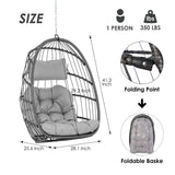 Hanging Egg Chair Without Stand - Foldable Indoor Outdoor Wicker Rattan Swing Egg Chair with Hanging Chain Hammock Chair - UV Resistant Cushions & Aluminum Frame for Bedroom Patio Camping (Grey) XIAO WEI