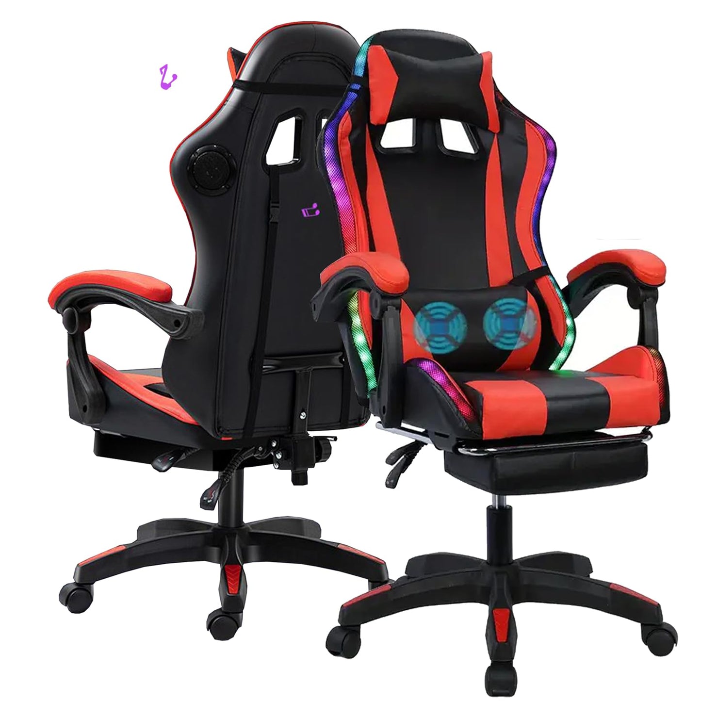 Ergonomic Gaming Chair, Bluetooth Speakers & LED RGB Lights Massage Lumbar Support Computer Gaming Chairs 360 Degree Swivel Height Adjustment Video Gaming Chair, Black & Red