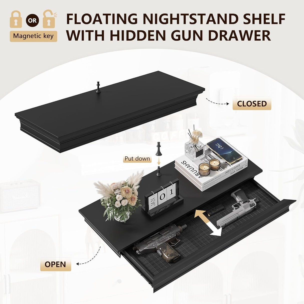 Eylar Intact Secret Home Decor with Hidden Storage, Floating Night Stand with Gun Drawer, Space-Saving Gun Shelf for Bedroom, Hallway, Office, Solid Wood (Black) Eylar