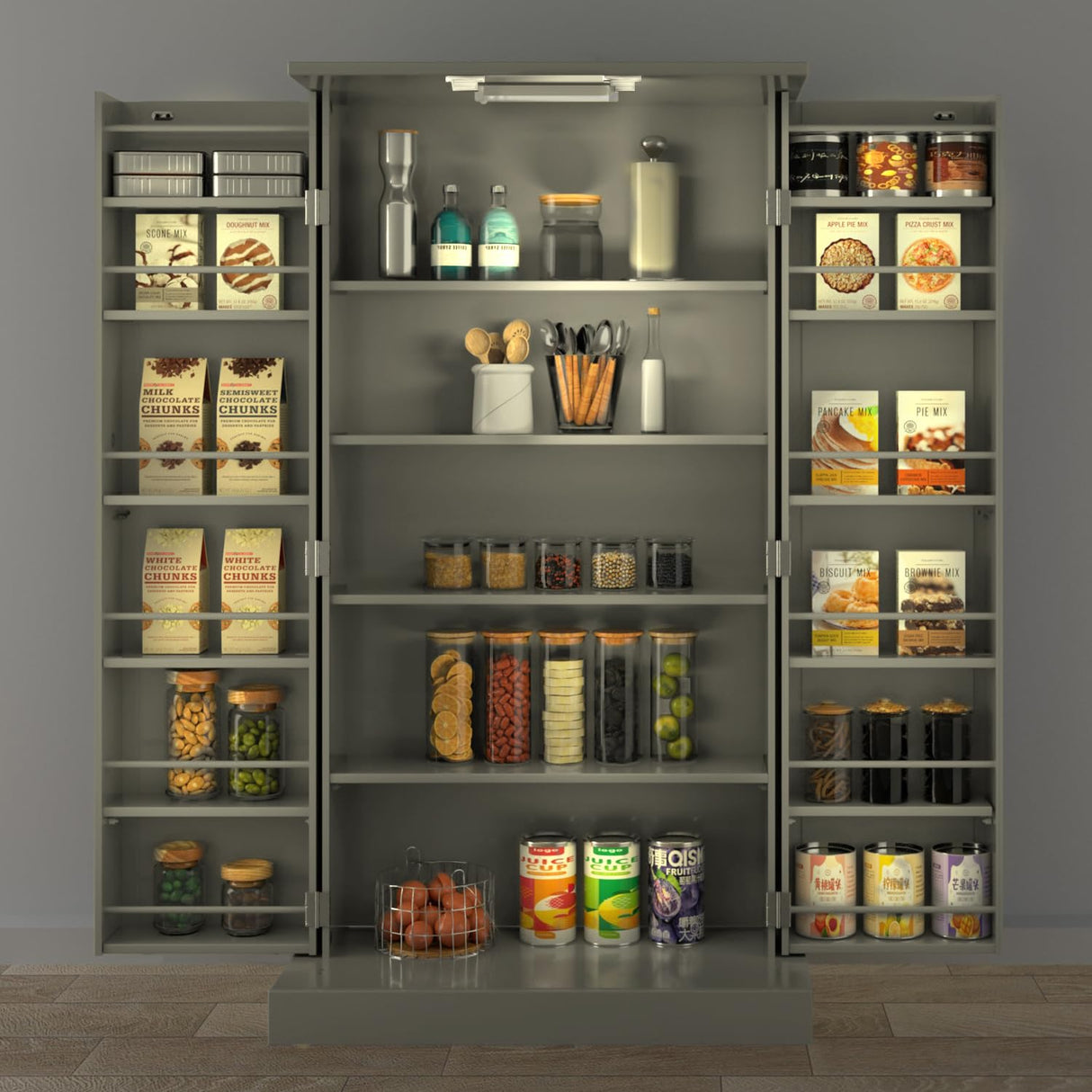 FJTJBSI 50" LED Kitchen Pantry Cabinet Grey Storage Cabinet Food Pantry with Doors and Adjustable Shelves Freestanding Buffet Cupboards Sideboard for Kitchen Living Room and Dinning Room FJTJBSI