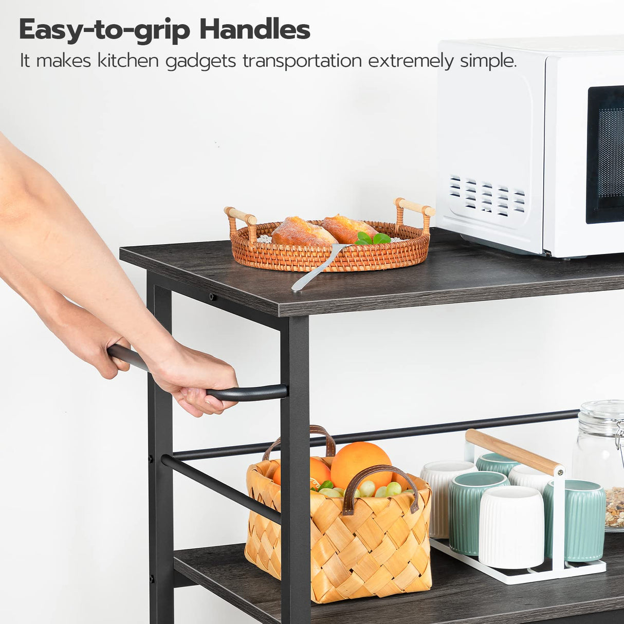 HOOBRO Kitchen Island with Storage,Industrial Kitchen Island on Wheels and Side Enclosures, 3 Tier Kitchen Cart with Large Workstation, Stable, Easy Assembly, Charcoal Gray and Black BC03ZD01 HOOBRO