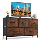 5-Drawer Dresser for Bedroom, Anti-Tip Wide Storage Organizer Fabric Chest of Drawers TV Stand for 45" TV with Wooden Top and Metal Frame for Closet, Living Room, Hallway, Entryway, Brown SageNest