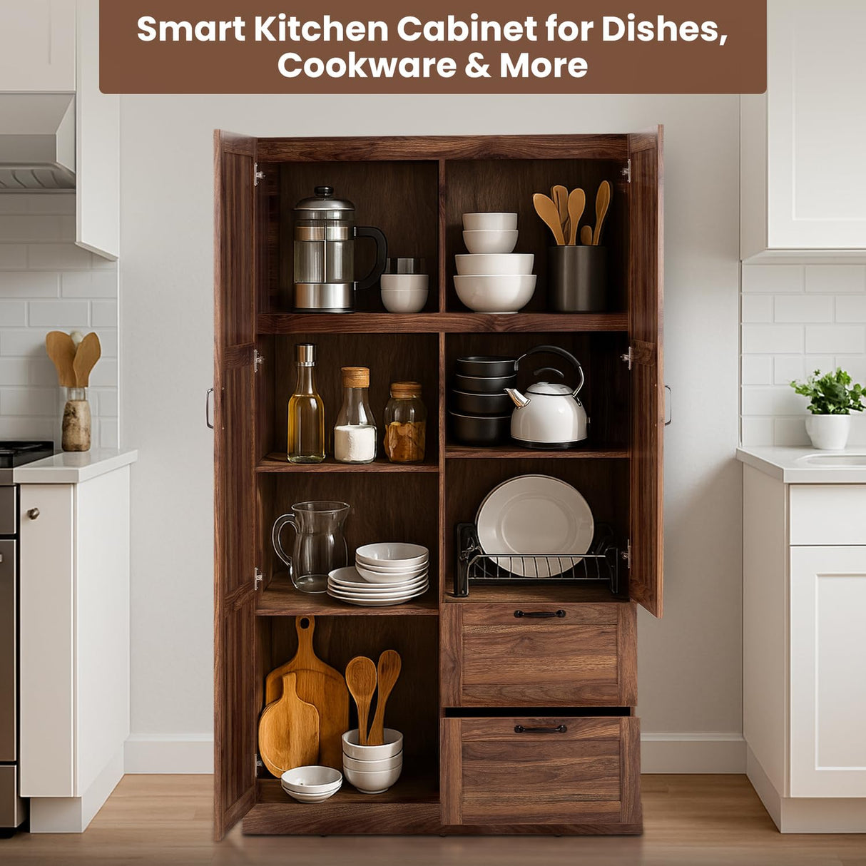 Naomi Home Storage Cabinet with 2 Barn Doors, 2 Drawers & Adjustable Shelves – Tall Wardrobe Closet Armoire for Bedroom, Living Room, or Utility Space – Brown Oak Finish Naomi Home