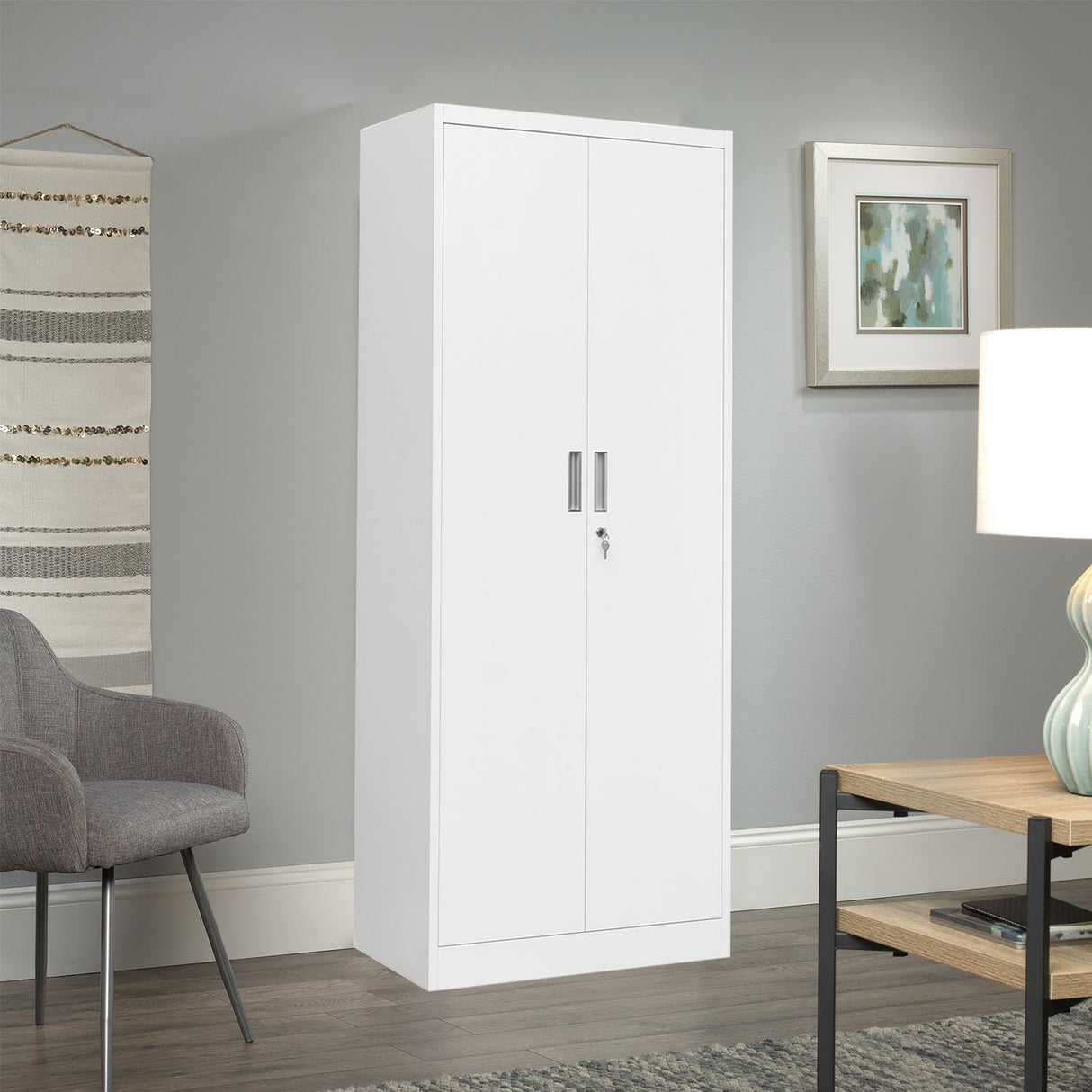 BESFUR Metal Storage Cabinets with Locking Doors and Adjustable Shelves, Steel Storage Cabinet for Garage, Office, Classroom - White BESFUR