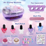 Golray Kids Nail Polish Set for Girls, All-in-One Nail Art Kit - Dryer/ Glitter Powder/ False Nails/ Nail Decals/ Toe Separator/File, Age 3-12 Little Girl Gift Toys Golray
