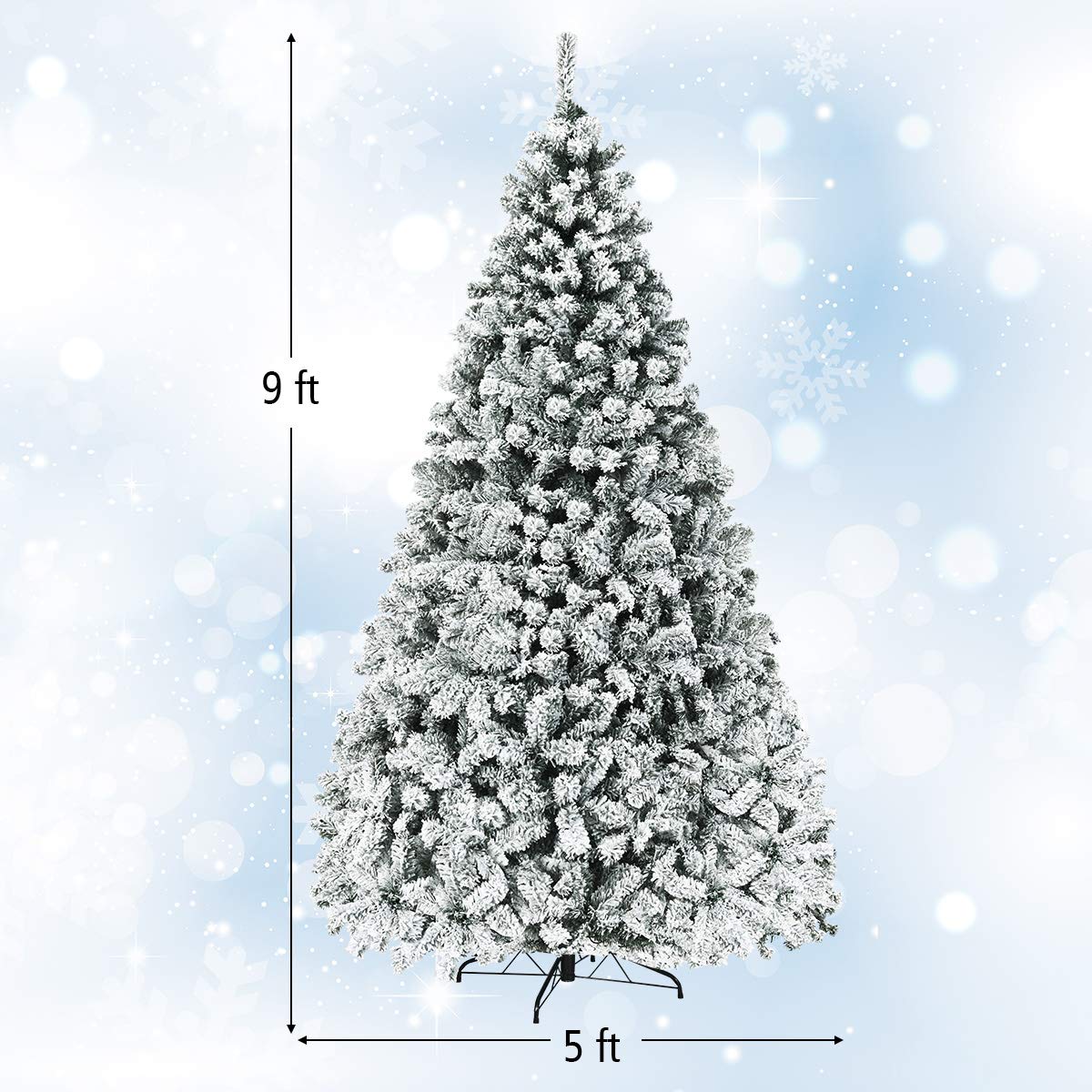 Nightcore 9FT Pre-Lit Artificial Christmas Tree, Snow Flocked Hinged Pine Tree w/ 1498 Branches Tips & 550 LED Lights, Portable Metal Base, Perfect Xmas Decoration for Home Office Party (9 ft Green)