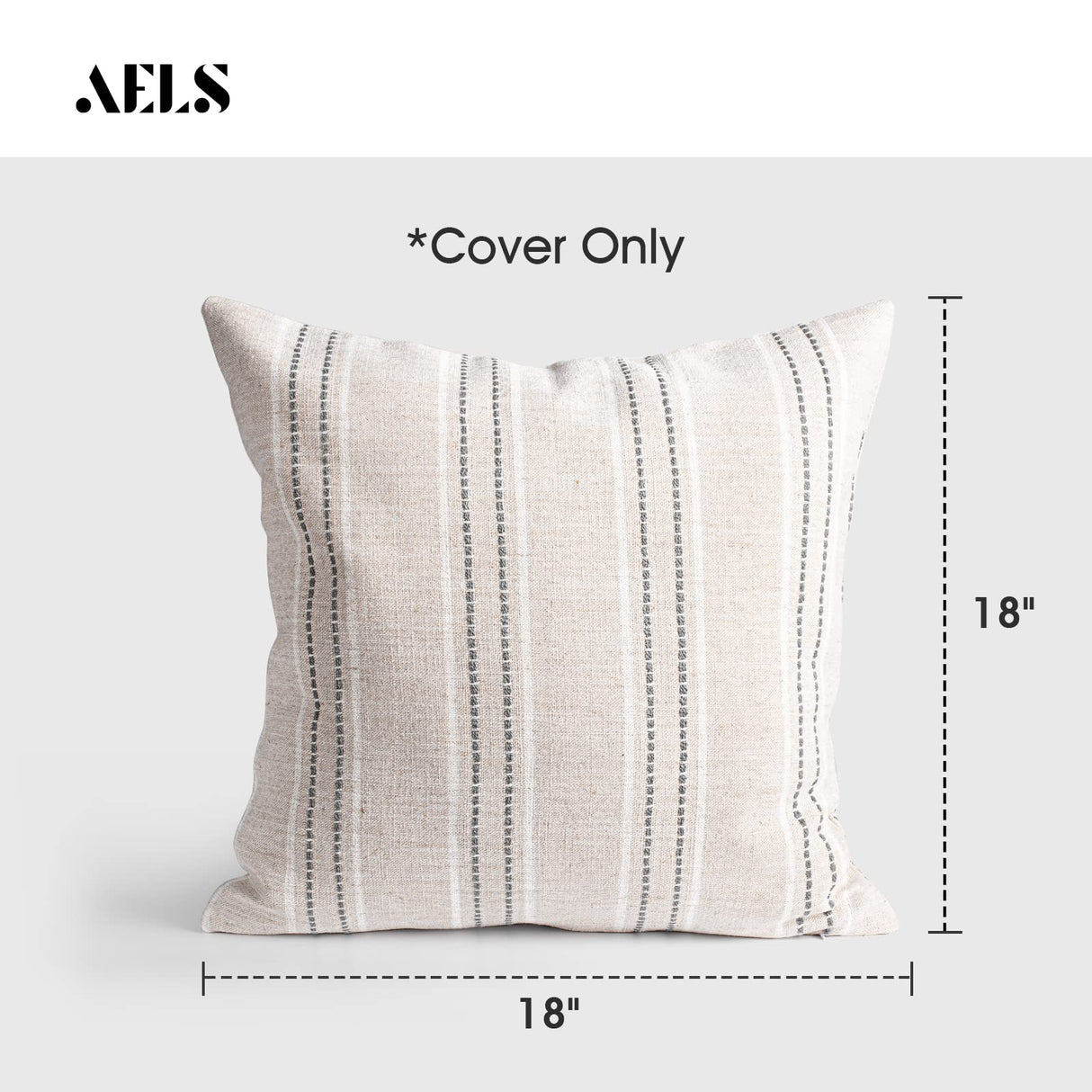 AELS 18x18 Decorative Farmhouse Linen Throw Pillow Covers, Boho Textured Pillow Case, Set of 2, Beige with White & Gray Stitch Yarn Dyed Stripe Cushion Cover for Sofa Couch Living Room (Cover ONLY) AELS