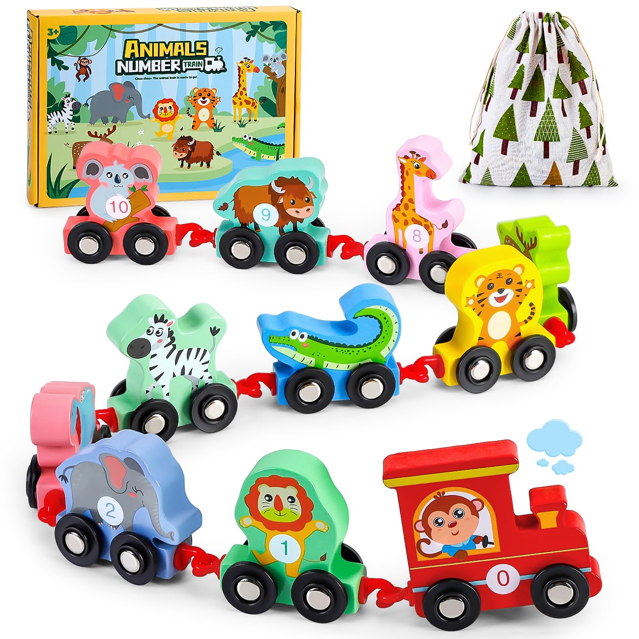 EDUJOY Toddler Toys for 2-3 Year Old Boy, Wooden Animal Train Set, Montessori Toys for 2 3 Year Old Boy Christmas Birthday Gifts, Learning Toys for Toddlers 2-4 Years Girl Toys Age 2 3 - WoodArtSupply