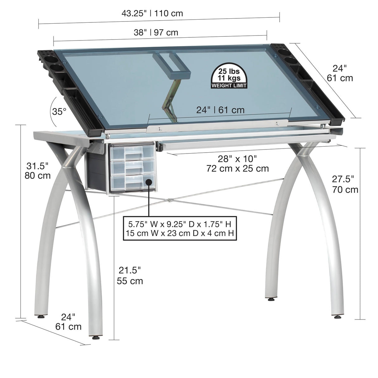 SD STUDIO DESIGNS Futura Crafting, Drafting, Drawing Adjustable Top Hobby Table Writing Studio Art Desk with Drawers, 38''W x 24''D, Tempered, Silver/Blue Glass SD STUDIO DESIGNS