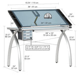 SD STUDIO DESIGNS Futura Crafting, Drafting, Drawing Adjustable Top Hobby Table Writing Studio Art Desk with Drawers, 38''W x 24''D, Tempered, Silver/Blue Glass SD STUDIO DESIGNS