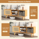 Giantex TV Stand for Living Room TVs up to 55”- Bamboo Entertainment Center with 3-Level Adjustable Shelf, Cable Management Holes, PE Rattan & Tempered Glass Sliding Door, TV Cabinet for Bedroom Giantex