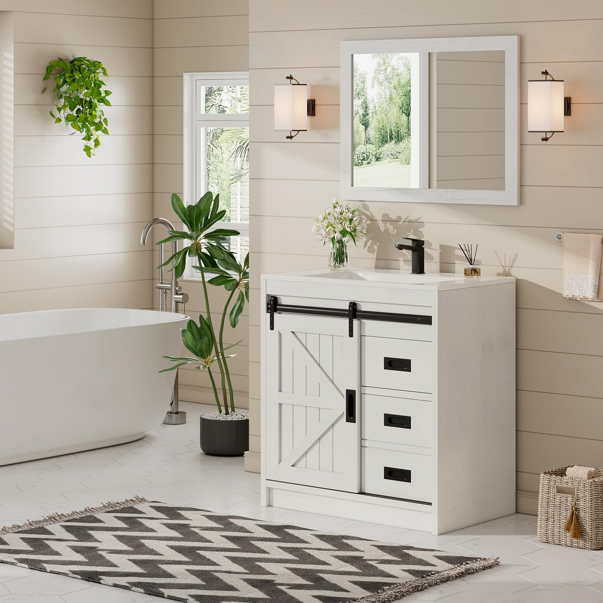 AMERLIFE Farmhouse Bathroom Vanity with Sink Combo, 31in Sliding Barn Door Bathroom Vanity Cabinet Set with Storage Drawers, Metal Handles, Small Single Bath Storage Vanity Sink, Antique White AMERLIFE