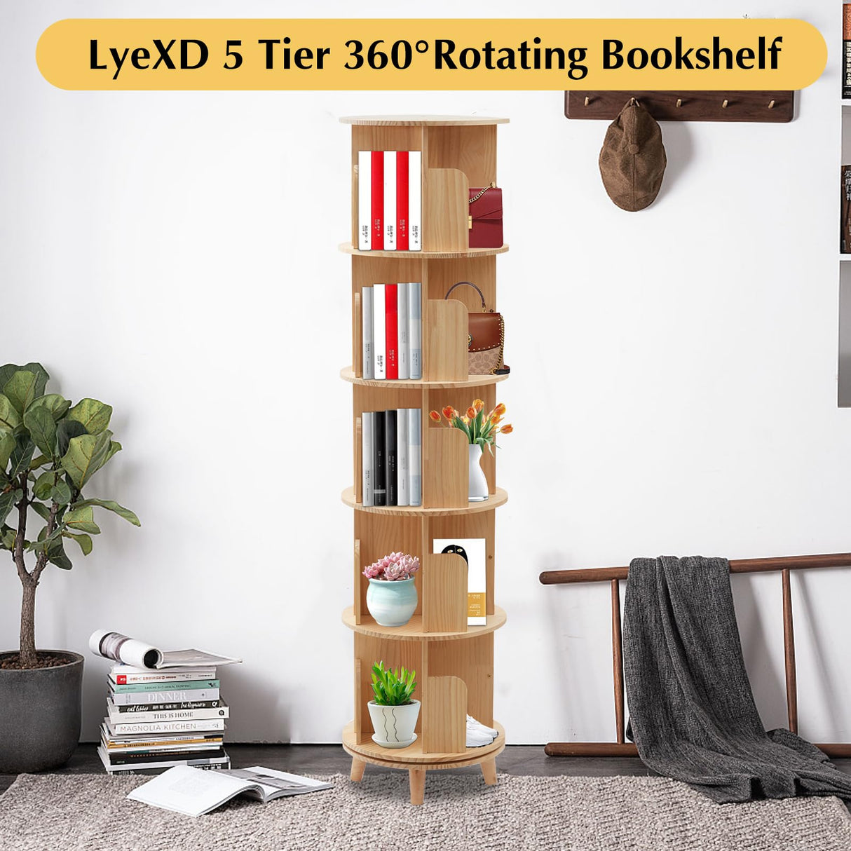 LyeXD 5-Tier Rotating Wooden Bookshelf - Multi-Functional Floor Stand Storage Rack LyeXD