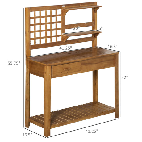 Outsunny Potting Bench Table, Garden Work Bench, Outdoor Wooden Workstation with Tiers of Shelves and Drawer for Patio, Courtyards, Balcony, Brown Outsunny