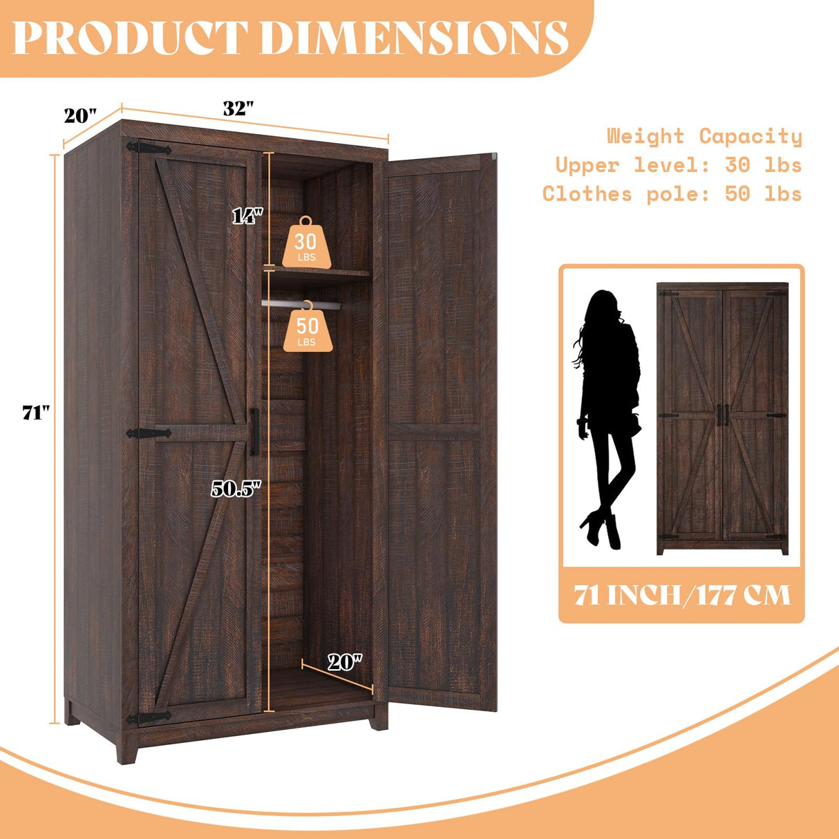 AMERLIFE Farmhouse Armoire Wardrobe Closet with 2 Barn Doors, 71'' Storage Cabinet with Hanging Rod & Shelf, Versatile Clothing Storage for Bedroom, Espresso AMERLIFE