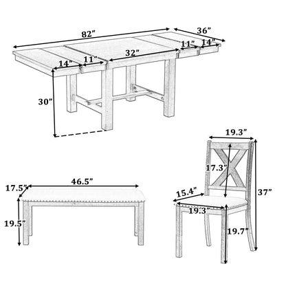 Lostcat 82 Inch Dining Table Set for 6, Extendable Dining Table with Footrest, 4 Upholstered Dining Chairs and Bench,Two 11" Removable Leaf, Kitchen Table Set for Living Room, Natural+Beige - WoodArtSupply