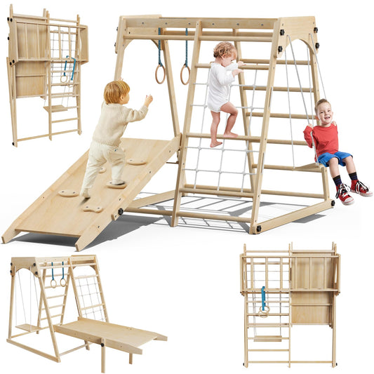 Foldable Indoor Jungle Gym for Toddlers, 8-in-1 Montessori Indoor Toddler Climbing Playset, Space-Saving Toddler Indoor Playground with Slide/Climbing, Play Table/Net, Monkey Bars, Swing,Hanging Ring