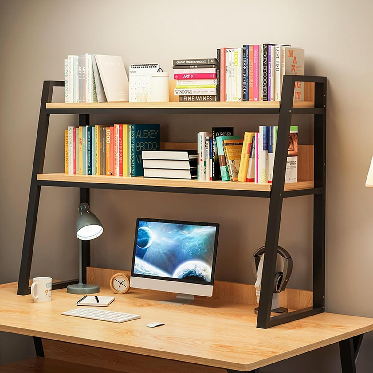 2-Tier Black Desktop Bookshelf Organizer for Efficient Home Office & Dorm Storage Oisei