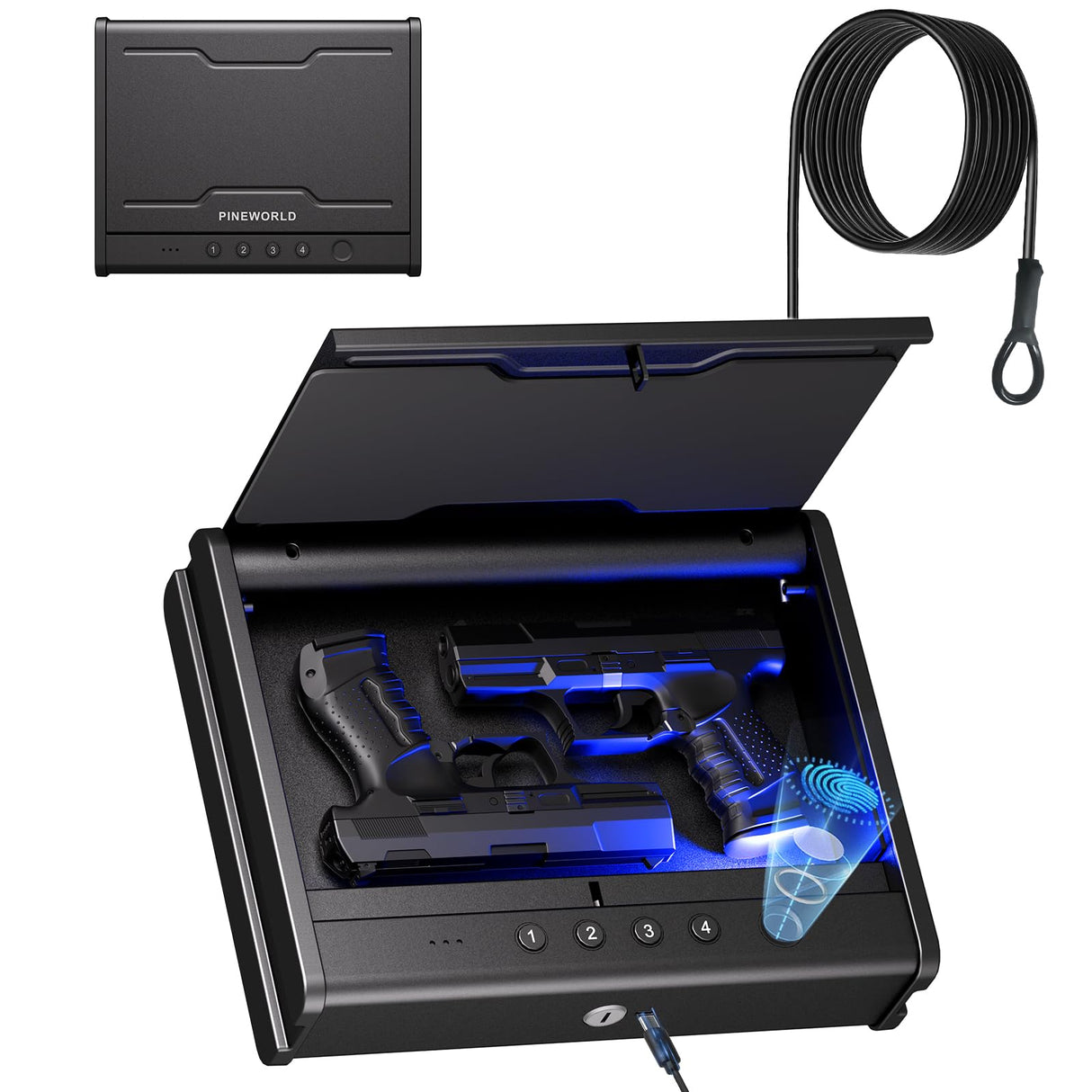 PINEWORLD Gun Safe For Handgun, Gun Case, Biometric Gun Safe For Car, Pistol Safes With Fingerprint|Passcode|Key Unlock, Full Voice Prompt Gun Lock Box with Cable, Charging Port PINEWORLD