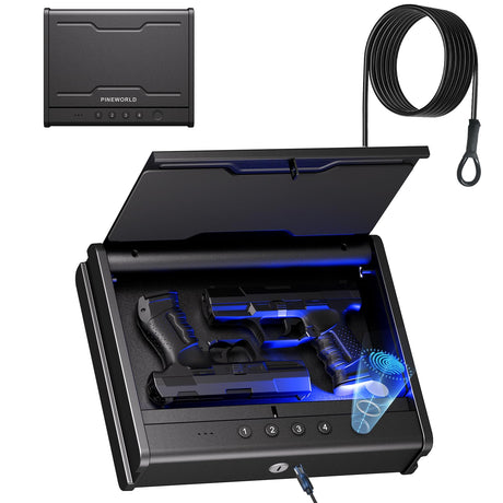 PINEWORLD Gun Safe For Handgun, Gun Case, Biometric Gun Safe For Car, Pistol Safes With Fingerprint|Passcode|Key Unlock, Full Voice Prompt Gun Lock Box with Cable, Charging Port PINEWORLD