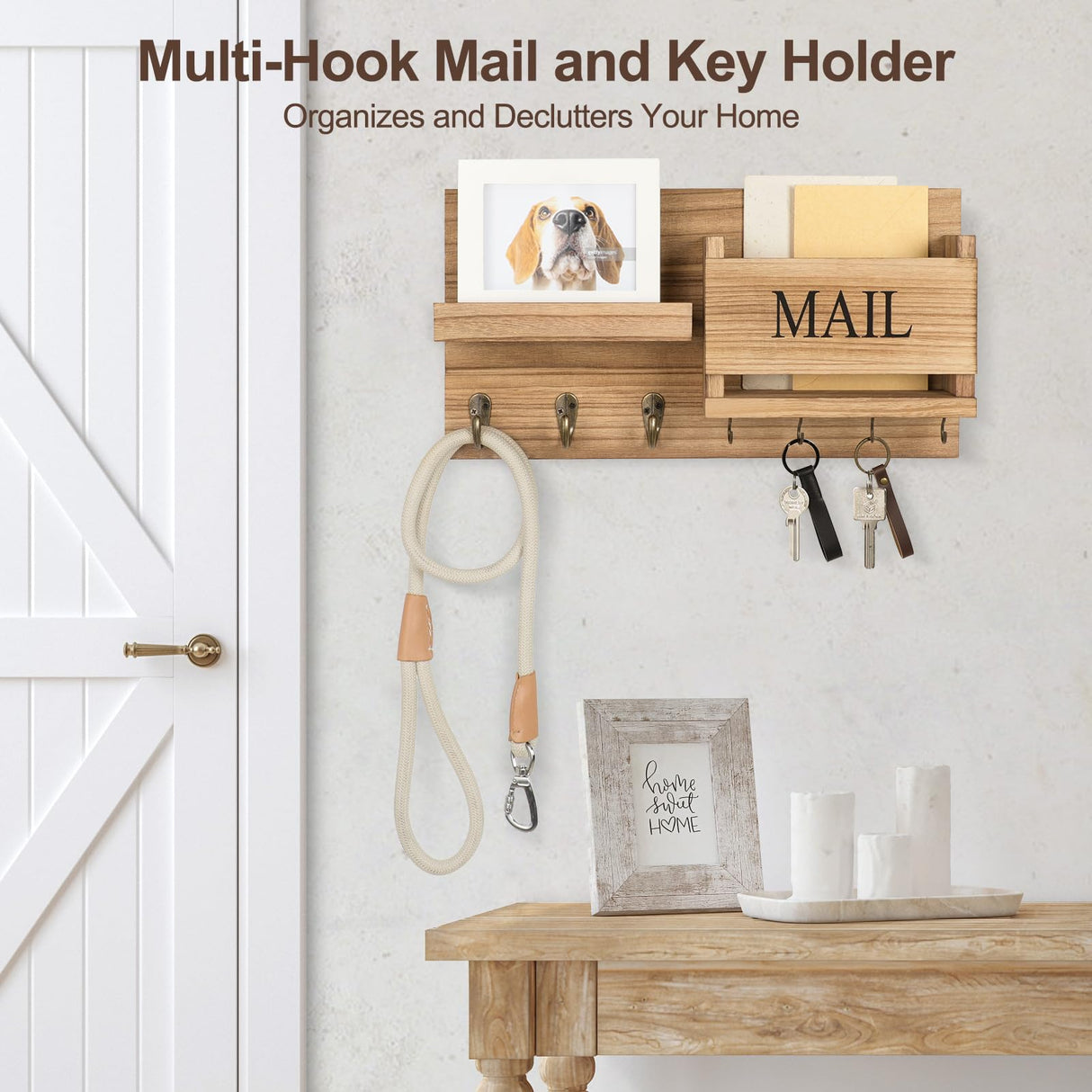 Lwenki Mail Organizer for Wall Mount – Key Holder with Shelf Includes Letter Holder and Hooks for Hallway Farmhouse Decor – Rustic Wood with Flush Mounting Hardware (16.5” x 9.1” x 3.4”) (Wood) Lwenki