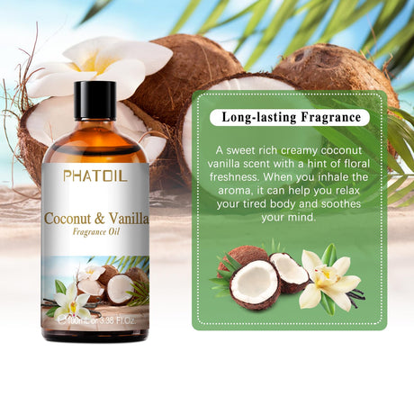 PHATOIL 3.38FL.OZ Coconut & Vanilla Fragrance Oils for Aromatherapy, Essential Oils for Diffusers for Home, Perfect for Diffuser, Yoga, DIY Candle and Soap Making - 100ml PHATOIL
