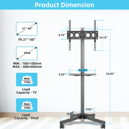 Mobile TV Carts on Wheels for 21-60 Inch Flat/Curved Panel Screens TVs - Height Adjustable Floor Trolley Stand with Shelf Holds up to 77lbs - Max VESA 400x400mm