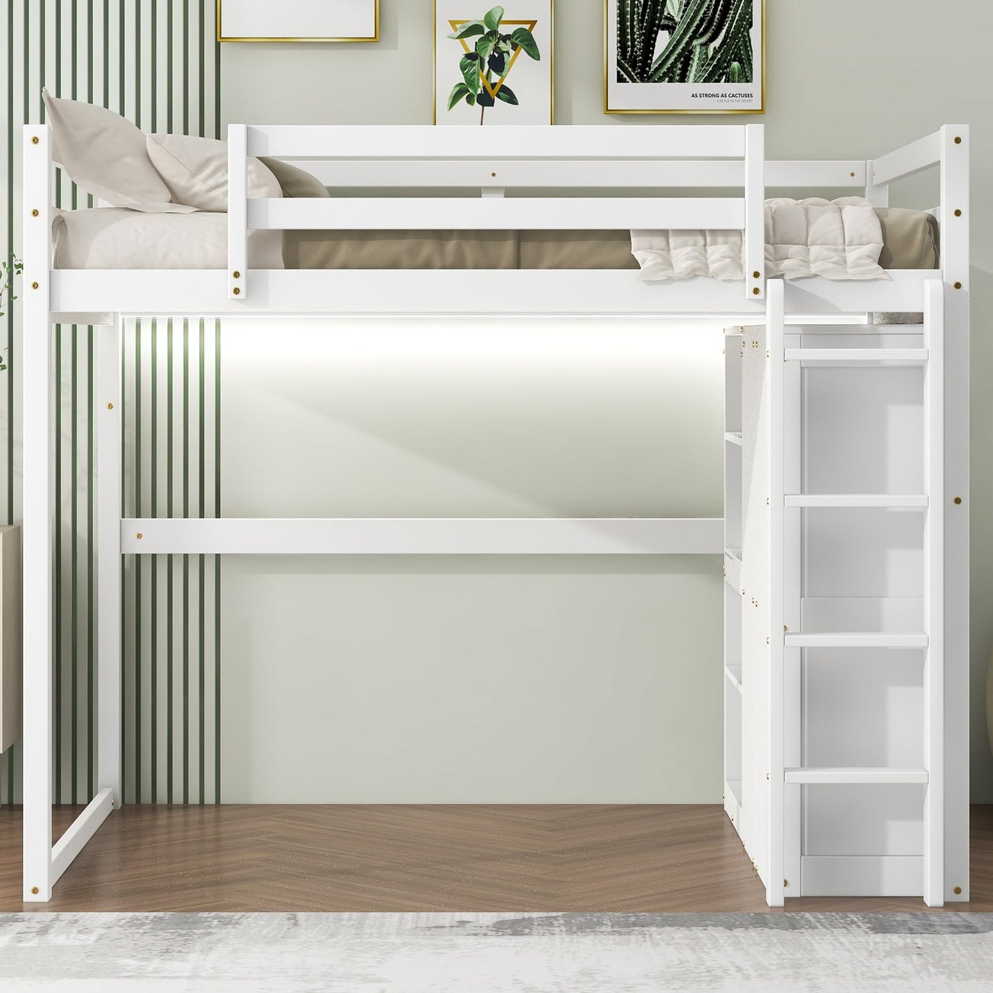 Linique Full Size White Loft Bed with LED Light and Built-in Wardrobe - WoodArtSupply