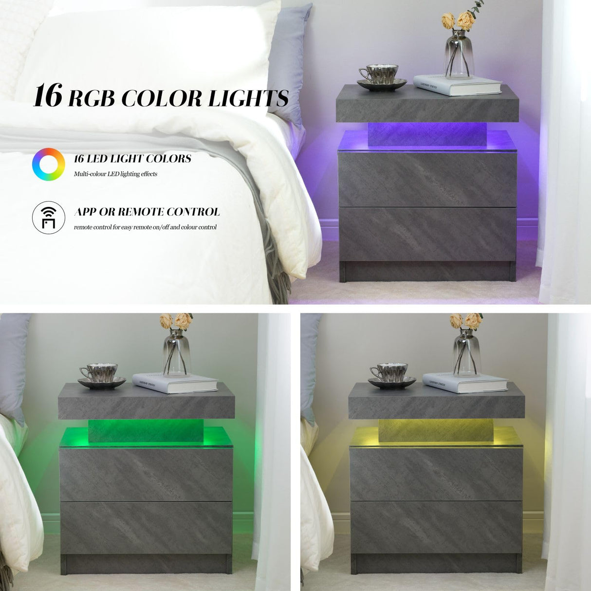 LED Nightstand Modern Bedside Table for Bedroom Night Stand with 2 Wood Drawers End Side Table with 16 Colors LED Strip for Bedroom Generic