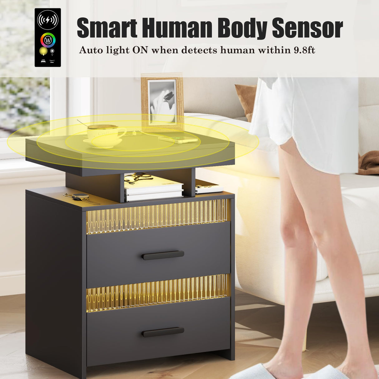 Nightstand with Charging Station and LED Lights, Night Stand with 2 Drawers, Wood Smart Bedside Table, Modern Bed Side Table for Bedroom, Grey QPLZF