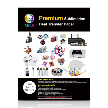MR.R Premium Sublimation Heat Transfer Paper for Epson and Sawgrass,105gsm 8.5"x11" 100 sheets USA Letter Size per pack MR.R